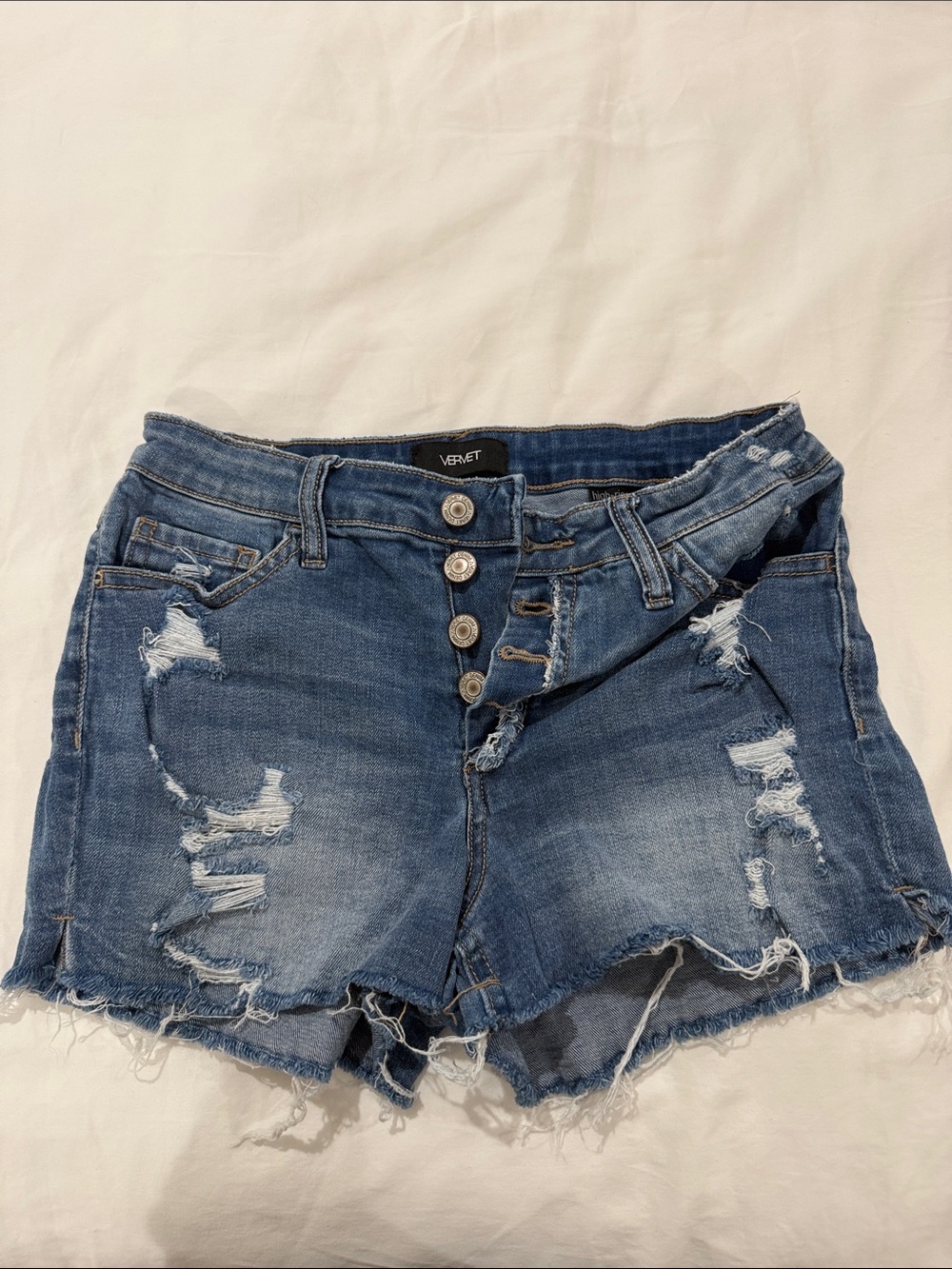 Velvet Distressed Denim Jean Shorts in Blue